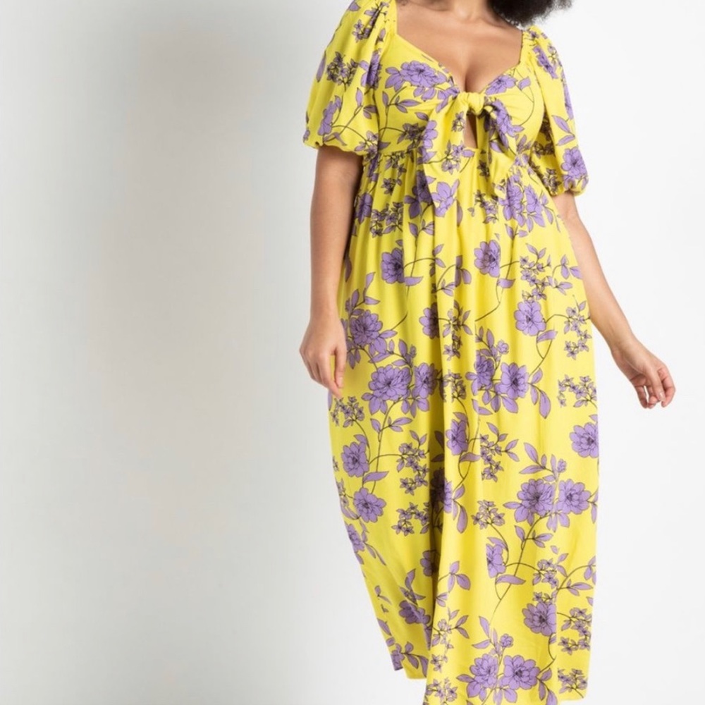 Eloquii Tie Front Full Skirted Maxi Dress Yellow